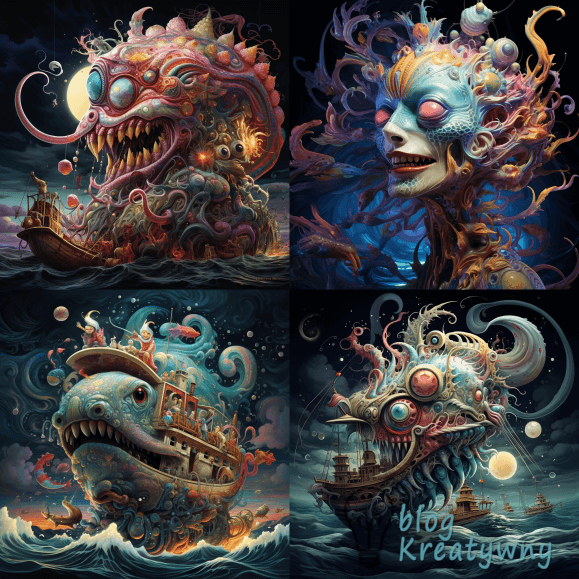 A misunderstood sea monster, who loves to meditate demanding a peace on earth from a cybernetic, weary moon, who wants to join a circus:: highly detailed and intricate, expressive, hyperreal, gorgeous, dramatic, fantasy, colorful, happy lighting