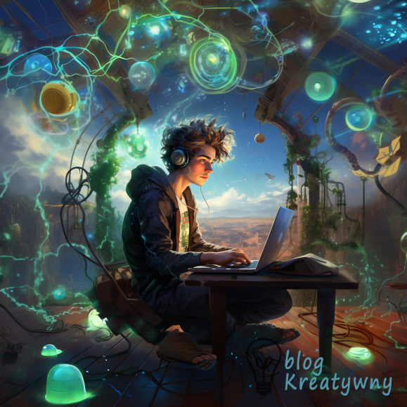 Midjourney prompt: A modern, young man using an AI art generator on the computer, solarpunk