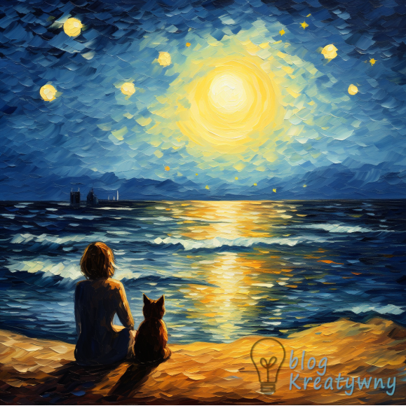 Midjourney prompt: cat and a girl sitting at the seaside, watching the moon, Van Gogh style