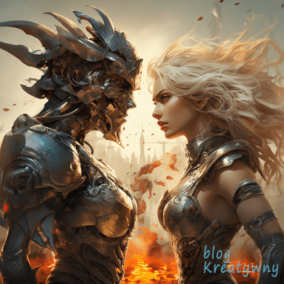 Walka między inspiracją i plagiatem. Midjourney prompt: realistic, action, sword fight between a beautiful blond warrior and an evil humanoid android, celestial bright colors, steampunk fantasy